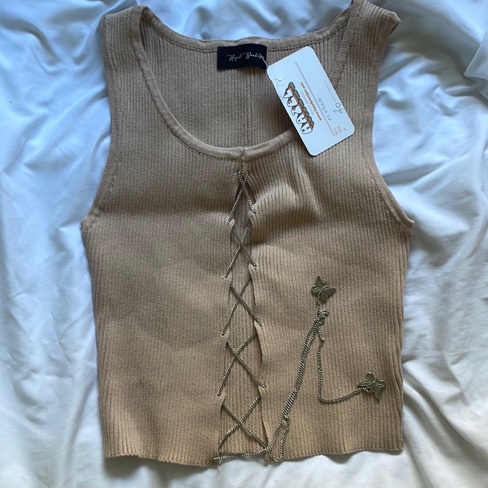 nude knit tie up tank top
